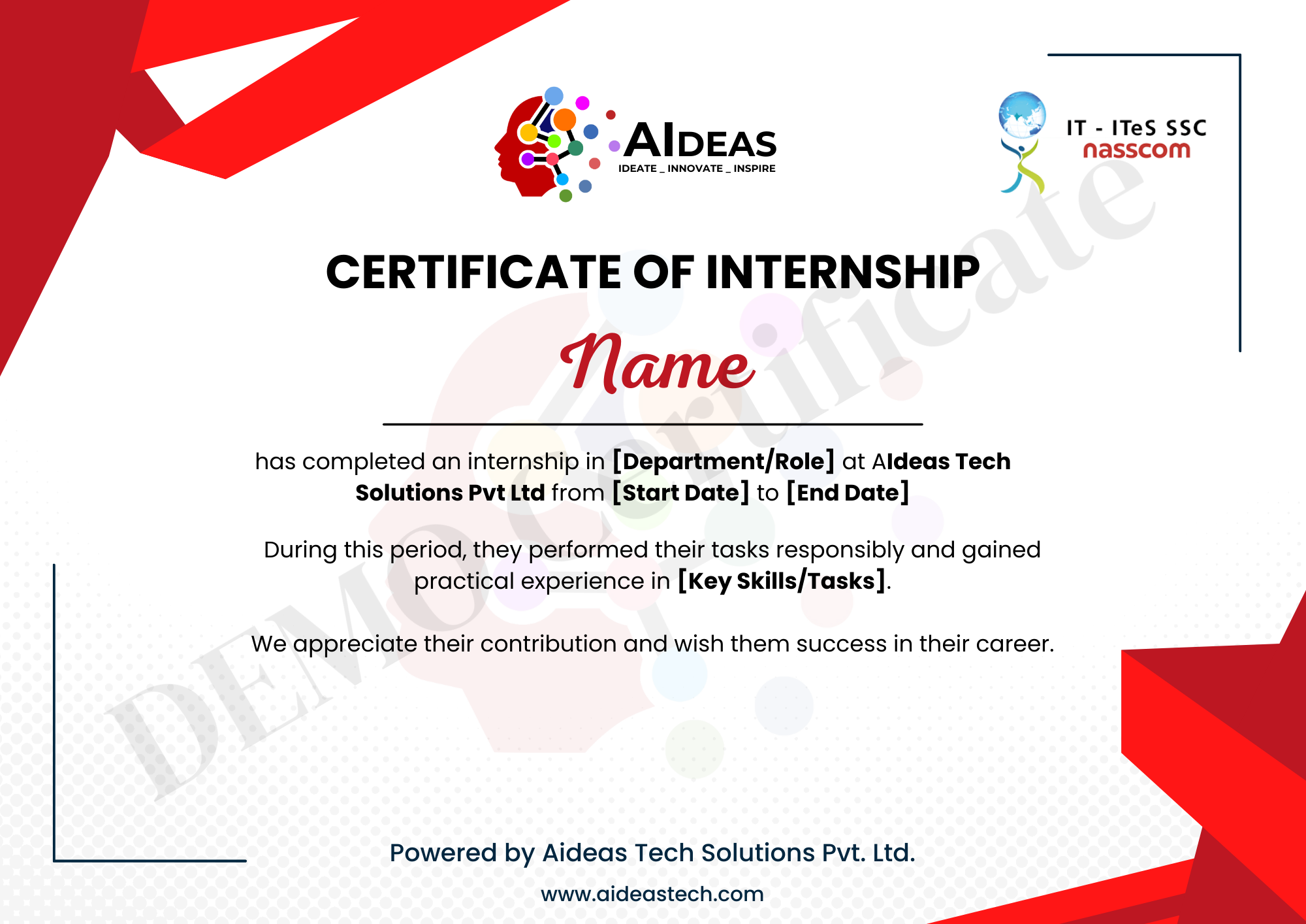 Internship Certificate by Aideas + Nasscom